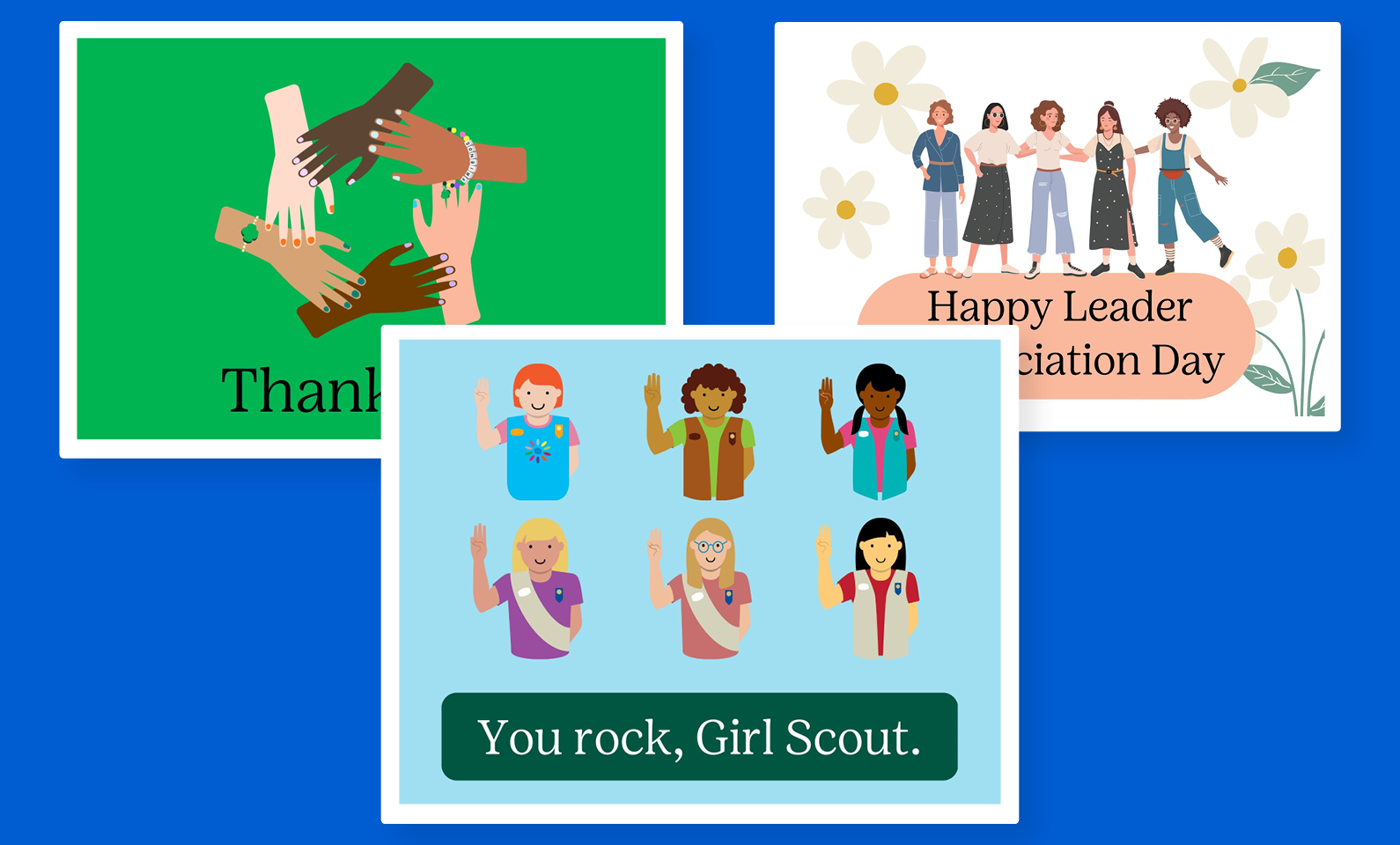 Three eCards that feature illustrations of Girl Scouts and phrases like “You rock, Girl Scout.”